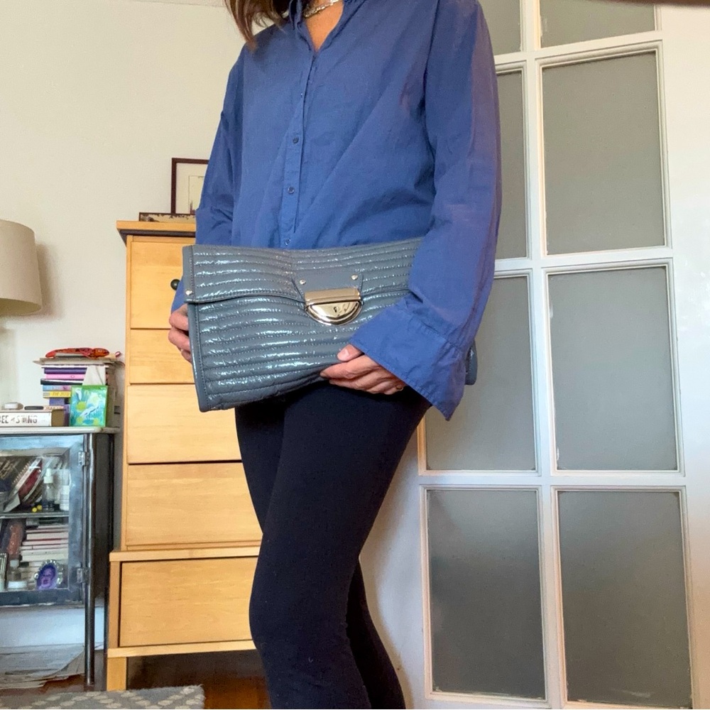 Cynthia Rowley Oversized Gray Puffy Quilted Patent Leather Clutch & Crossbody